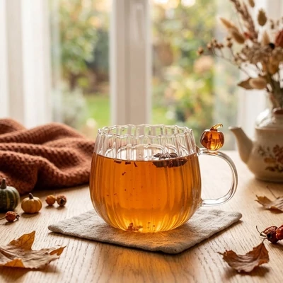 Üveg pohár tök dísszel díszített a fülén