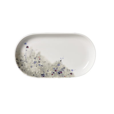 Rusztikus kék virágmintás ovális porcelán tálaló tányér