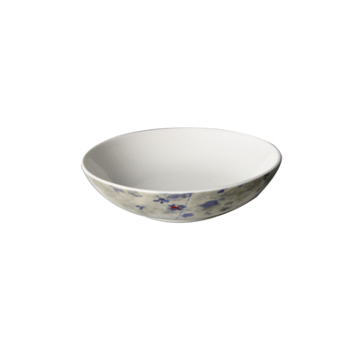 Rusztikus kék virágmintás porcelán leveses tányér