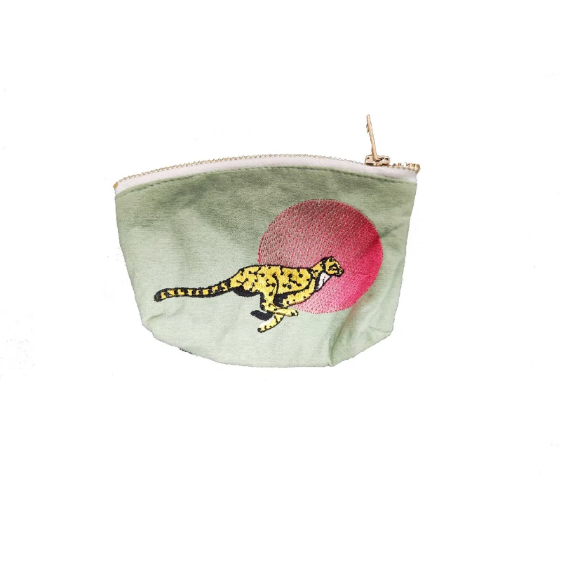 Gepárd mintás hímzett mini neszeszer/pénztárca - Zöld