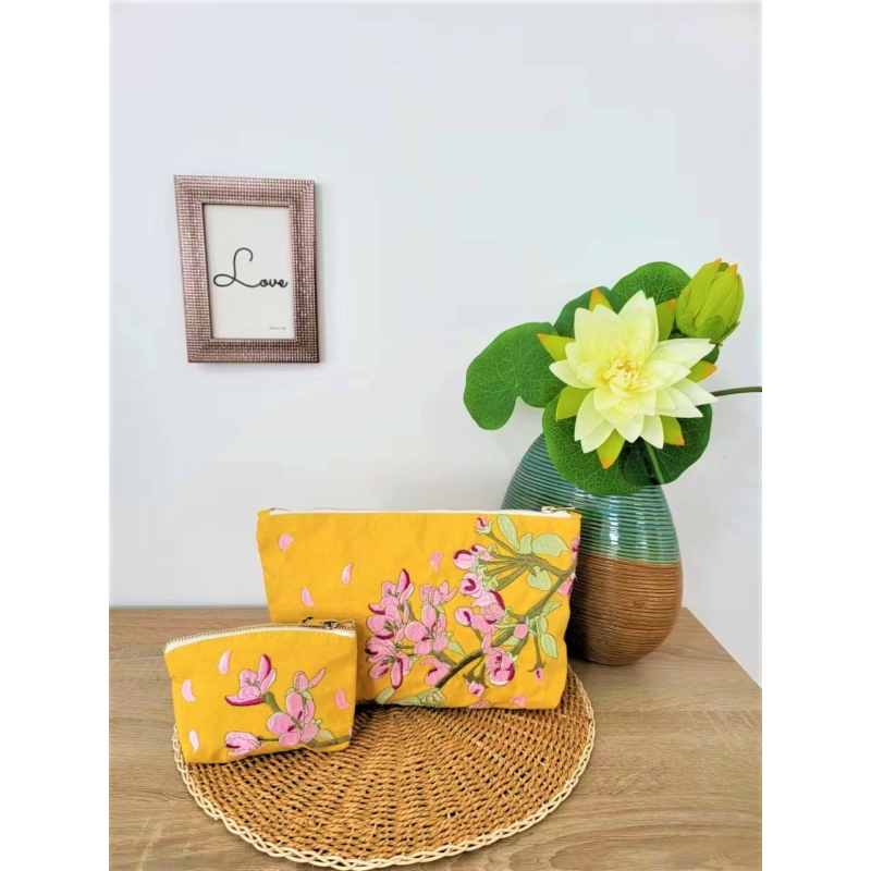 Cseresznyevirág mintás hímzett mini neszeszer/pénztárca - Sárga